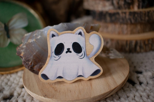 Ghost Cat Wooden Pin