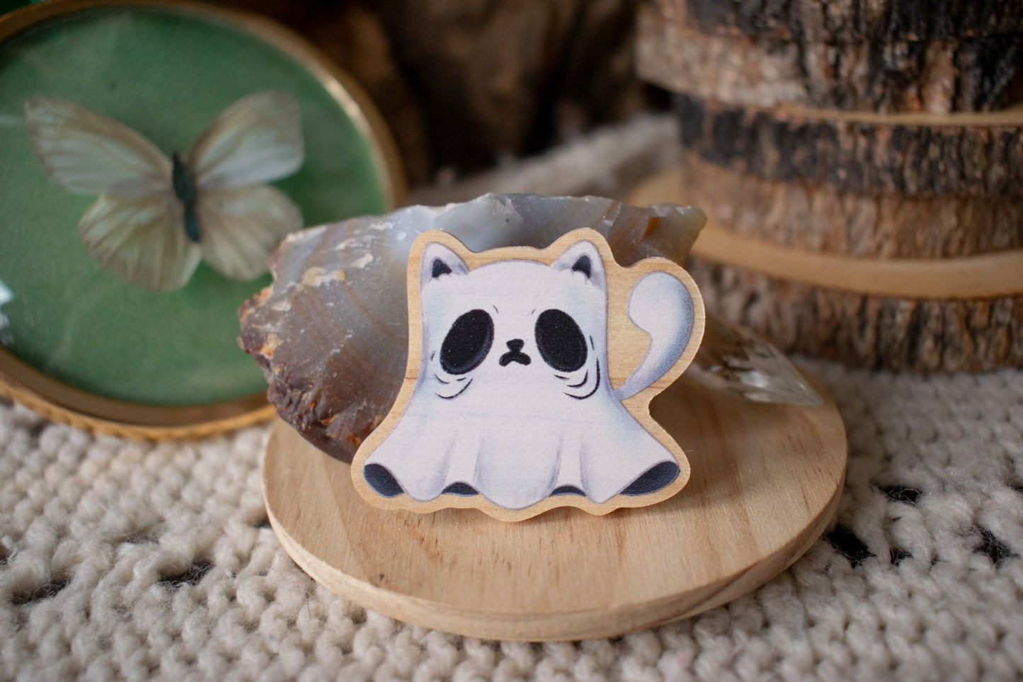Ghost Cat Wooden Pin